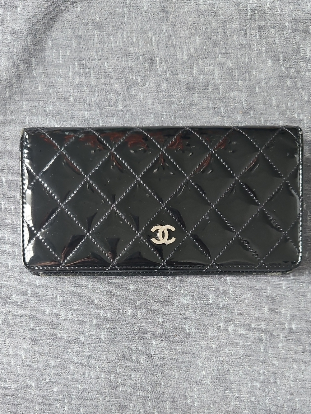 CHANEL Black Quilted Patent Leather Continental Wallet with CC Logo